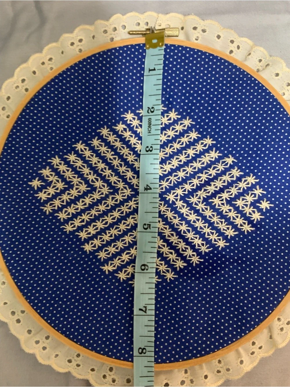 Vintage Handmade Embroidery Hoop Wall Art Blue Cottagecore Lace Folk Decor